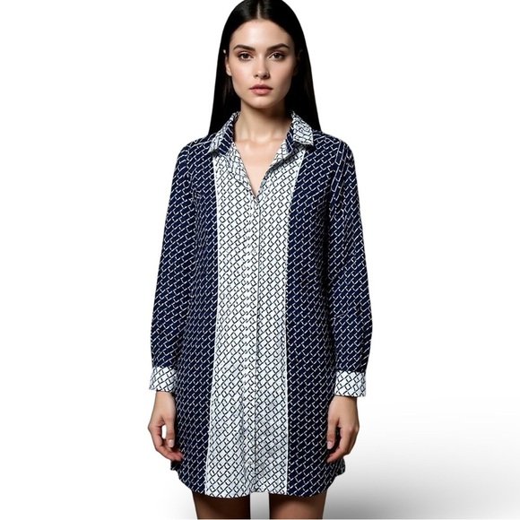TOMMY HILFIGER Button Down Shirt Dress Geometric Print Blue Sz M - Picture 1 of 6